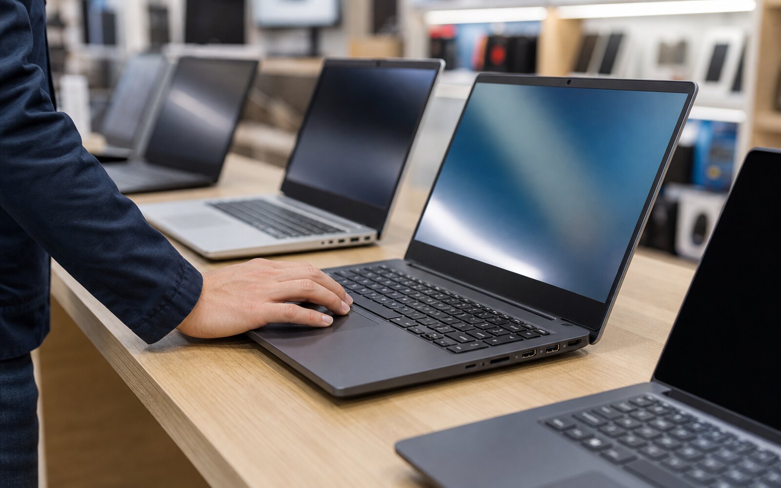 Ordinateurs portables ouverts en magasin avec clavier, écran et ports visibles