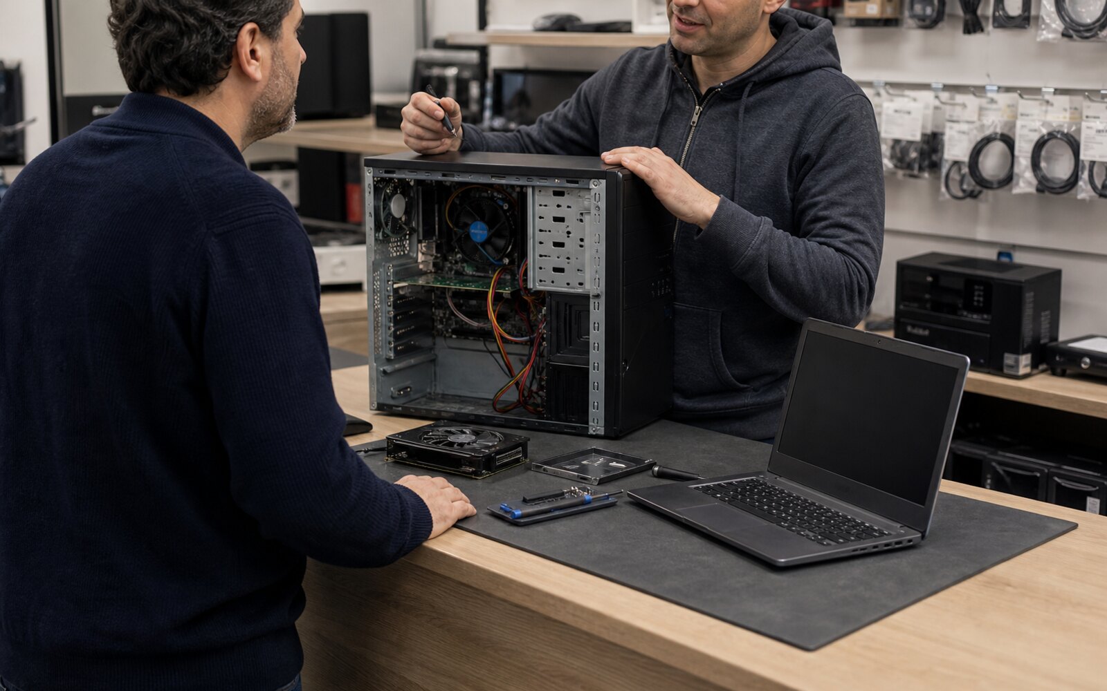 Comptoir de boutique informatique avec PC ouvert et ordinateur portable en réparation