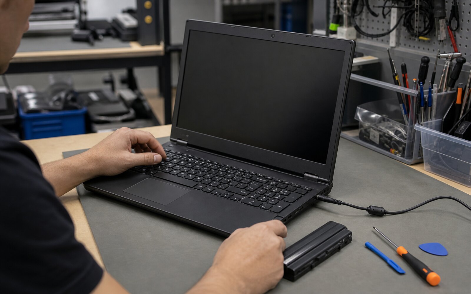 Ordinateur portable reconditionné ouvert sur un établi avec batterie et chargeur contrôlés