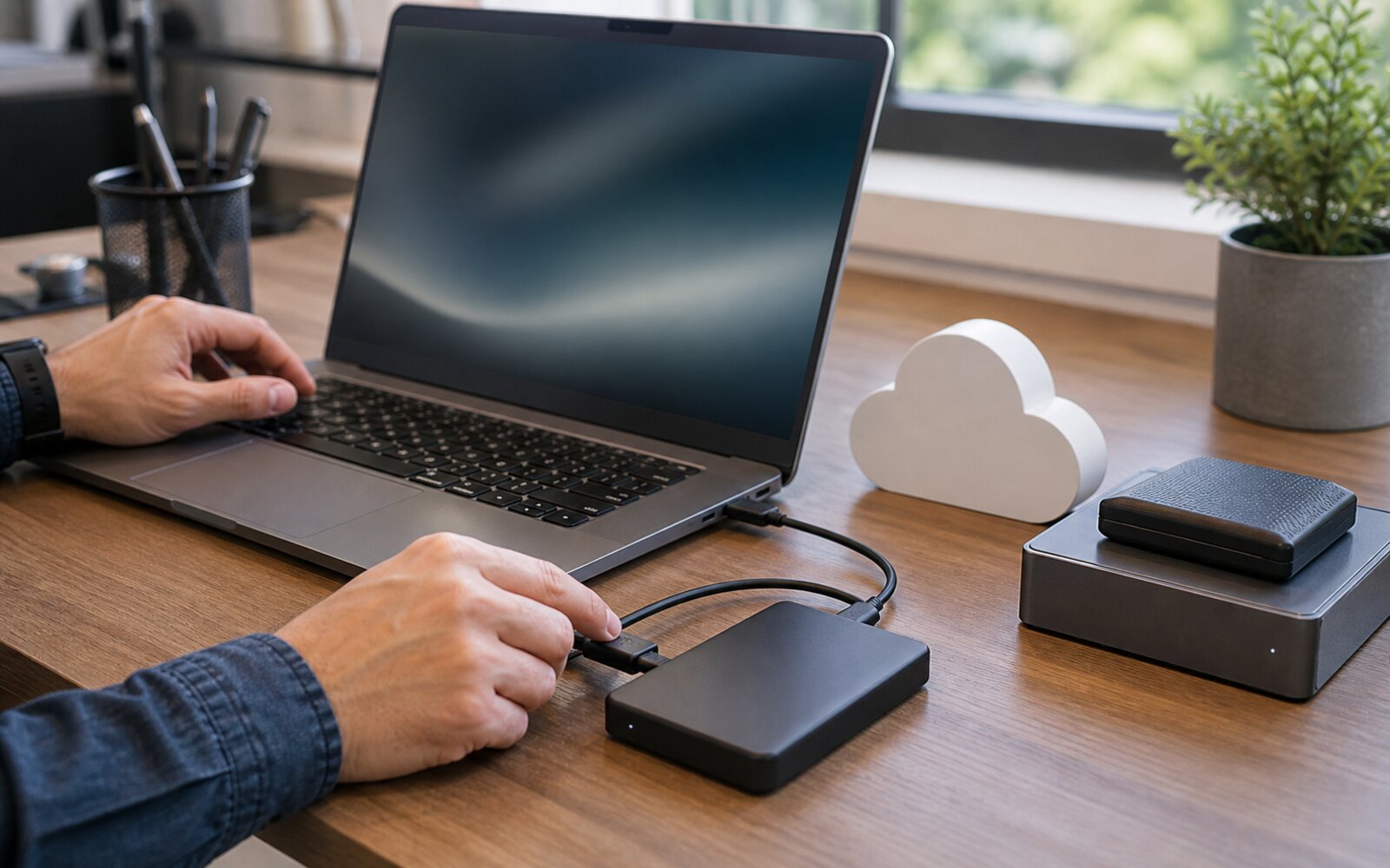 Ordinateur portable avec disque externe, dossier de photos et sauvegarde cloud